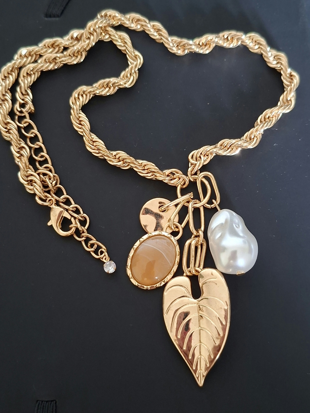 Gold-Tone Leaf Pendant Necklace with Pearl & Amber Charm